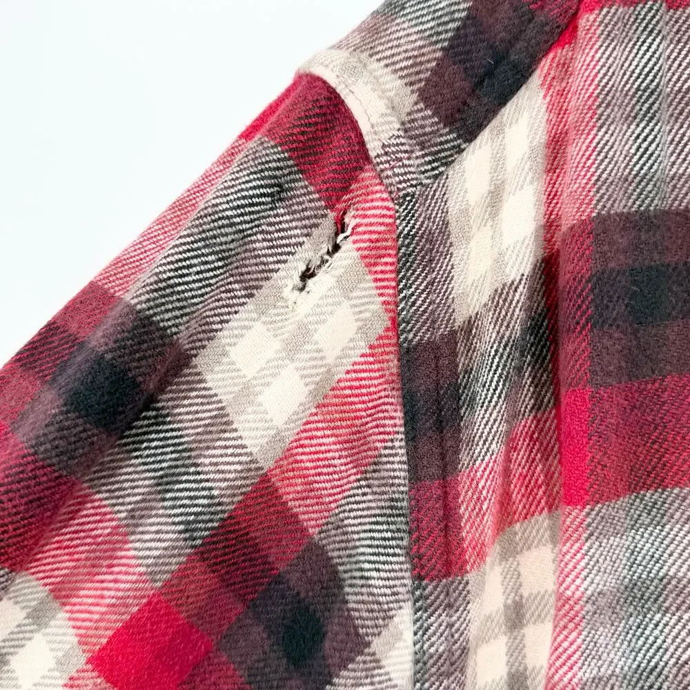 Woolrich Mens XL Flannel Shirt Red Black Plaid Heavy Cotton Elbow Patches FLAWED - Picture 7 of 15